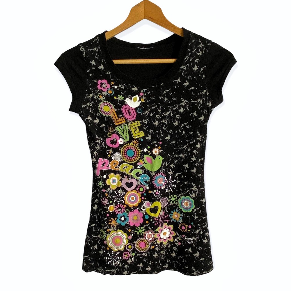 Rocker Girl Love Peace Doves Flowers Top